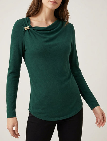 Feiner Pullover mit Schmuckbesatz - Tannengrün