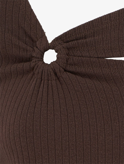 Pull côtelé à col asymétrique ajouré - Marron - 3