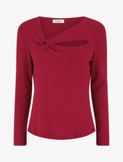 Pull côtelé à col asymétrique ajouré - Rouge - 1