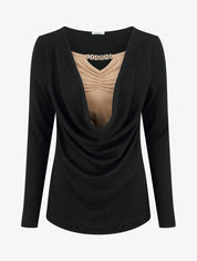 Pull côtelé à col bénitier et bijou - Noir - 1