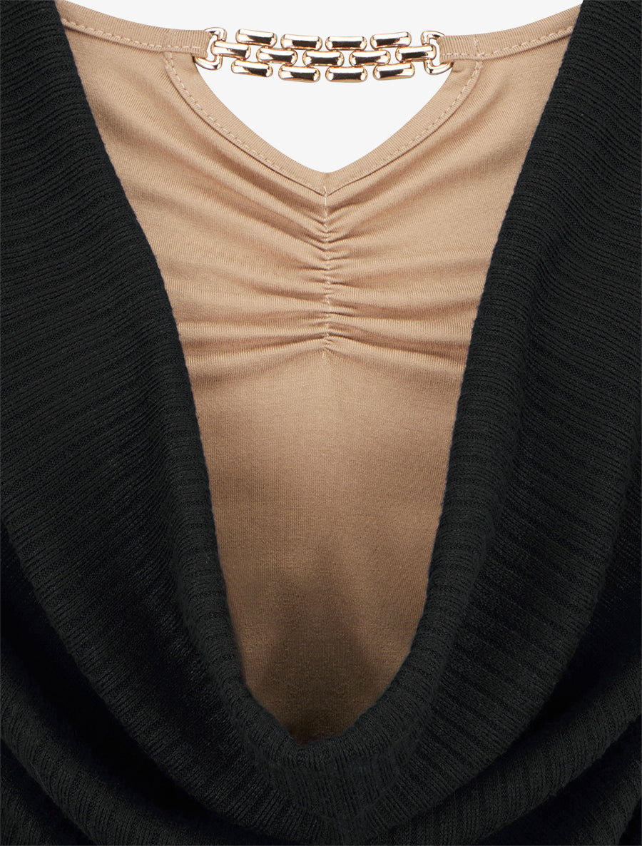Pull côtelé à col bénitier et bijou - Noir - 3