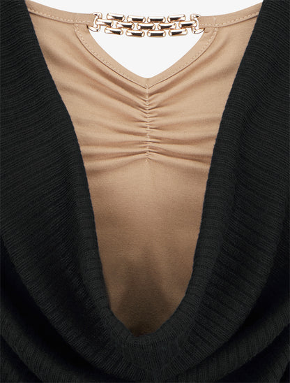Pull côtelé à col bénitier et bijou - Noir - 3