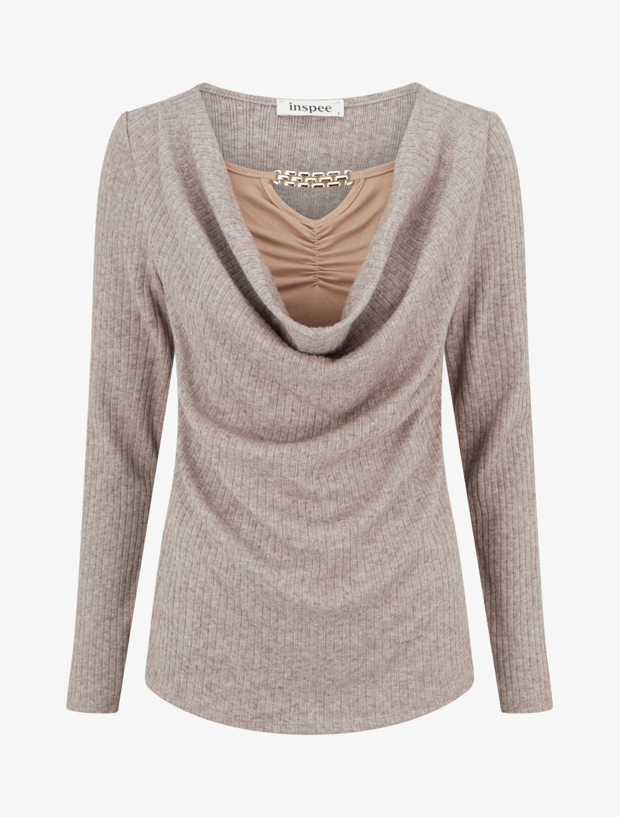 Pull côtelé à col bénitier et bijou - Taupe - 1