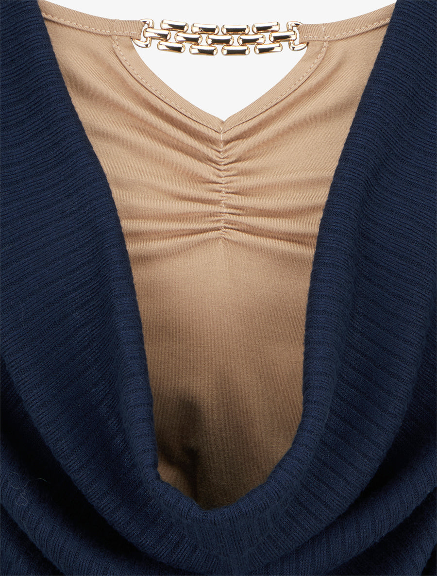 Pull côtelé à col bénitier et bijou - Marine - 3