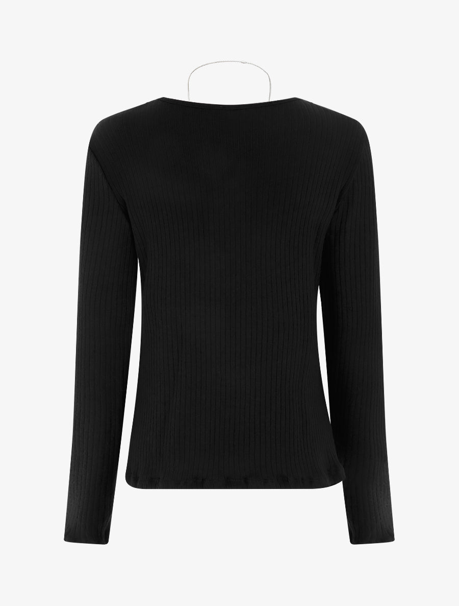 Pull côtelé à col V à dentelle - Noir - 2