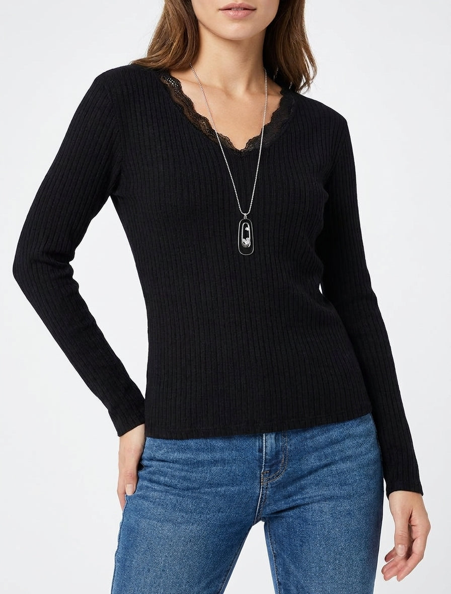 Gerippter Pullover mit V-Ausschnitt und Spitze - Schwarz