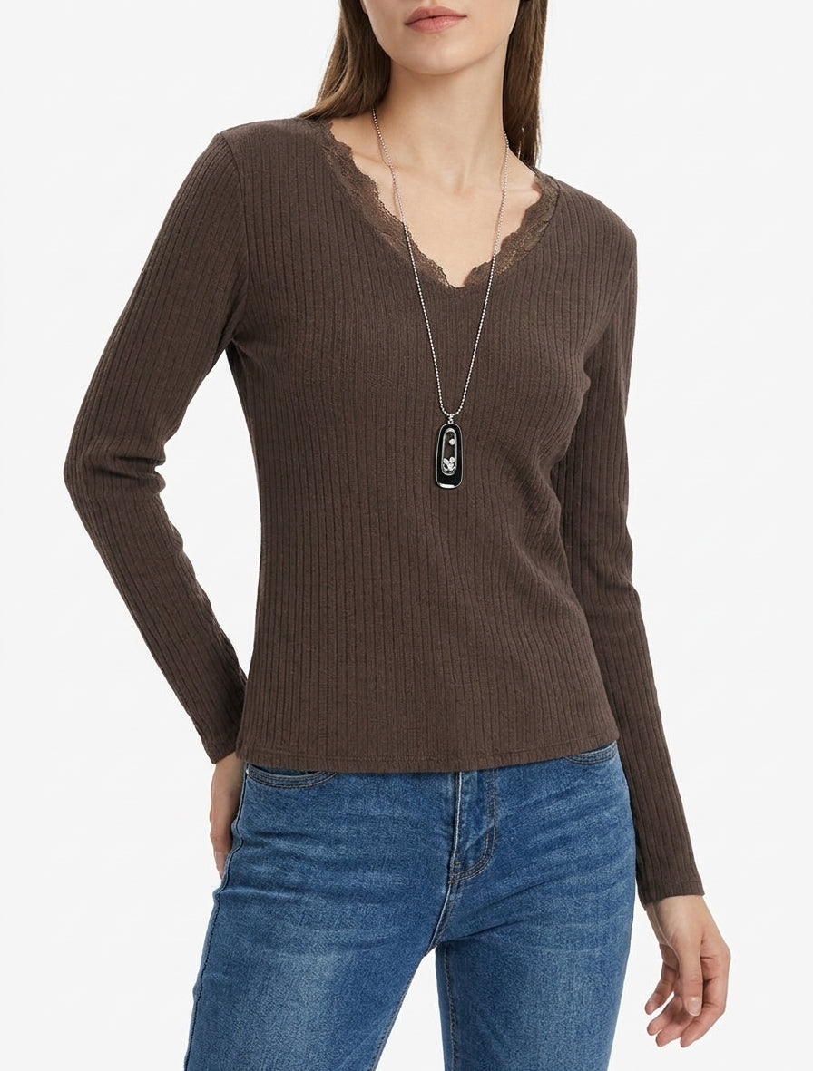 Gerippter Pullover mit V-Ausschnitt und Spitze - Braun