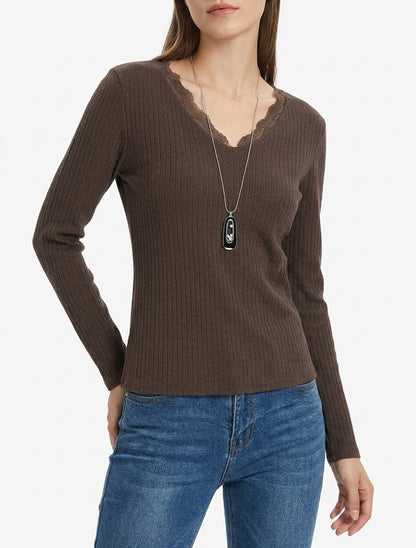 Gerippter Pullover mit V-Ausschnitt und Spitze - Braun