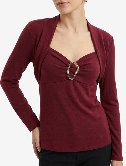 Quadratischer Ausschnitt Pullover mit drapiertem Schmuckeffekt - Bordeaux