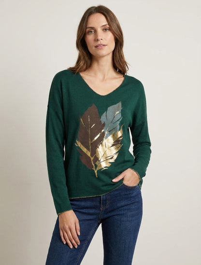 Feiner Pullover mit schimmerndem Federmuster - Dunkelgrün