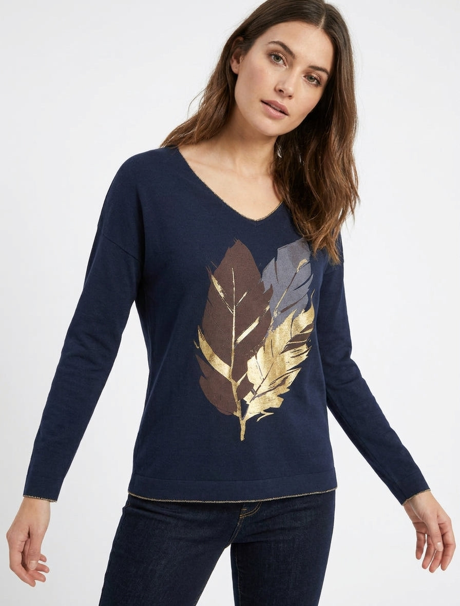 Feiner Pullover mit schimmerndem Feder-Muster - Marine