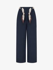 Pantalon uni ceinture satinée imprimée - Marine - 1