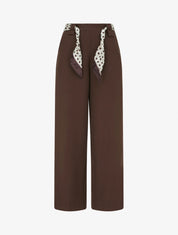 Pantalon uni ceinture satinée imprimée - Marron - 1