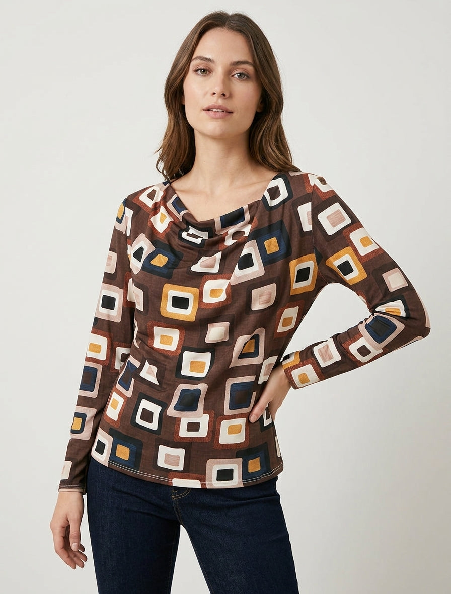 Retro-Print-Top mit Wasserfallausschnitt - Braun