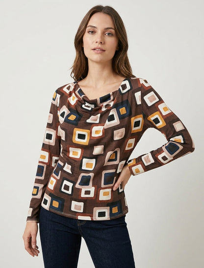 Retro-Print-Top mit Wasserfallausschnitt - Braun