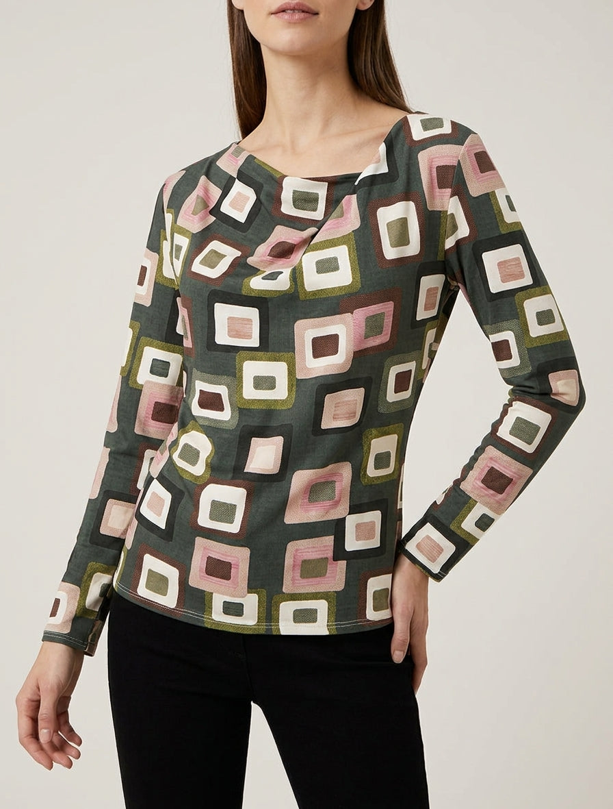 Retro-Print-Top mit Wasserfallausschnitt - Kaki