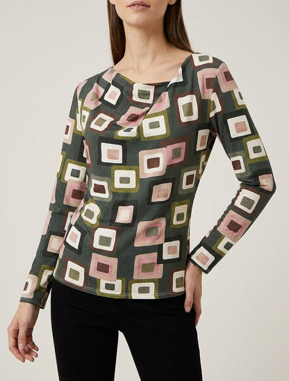 Retro-Print-Top mit Wasserfallausschnitt - Kaki