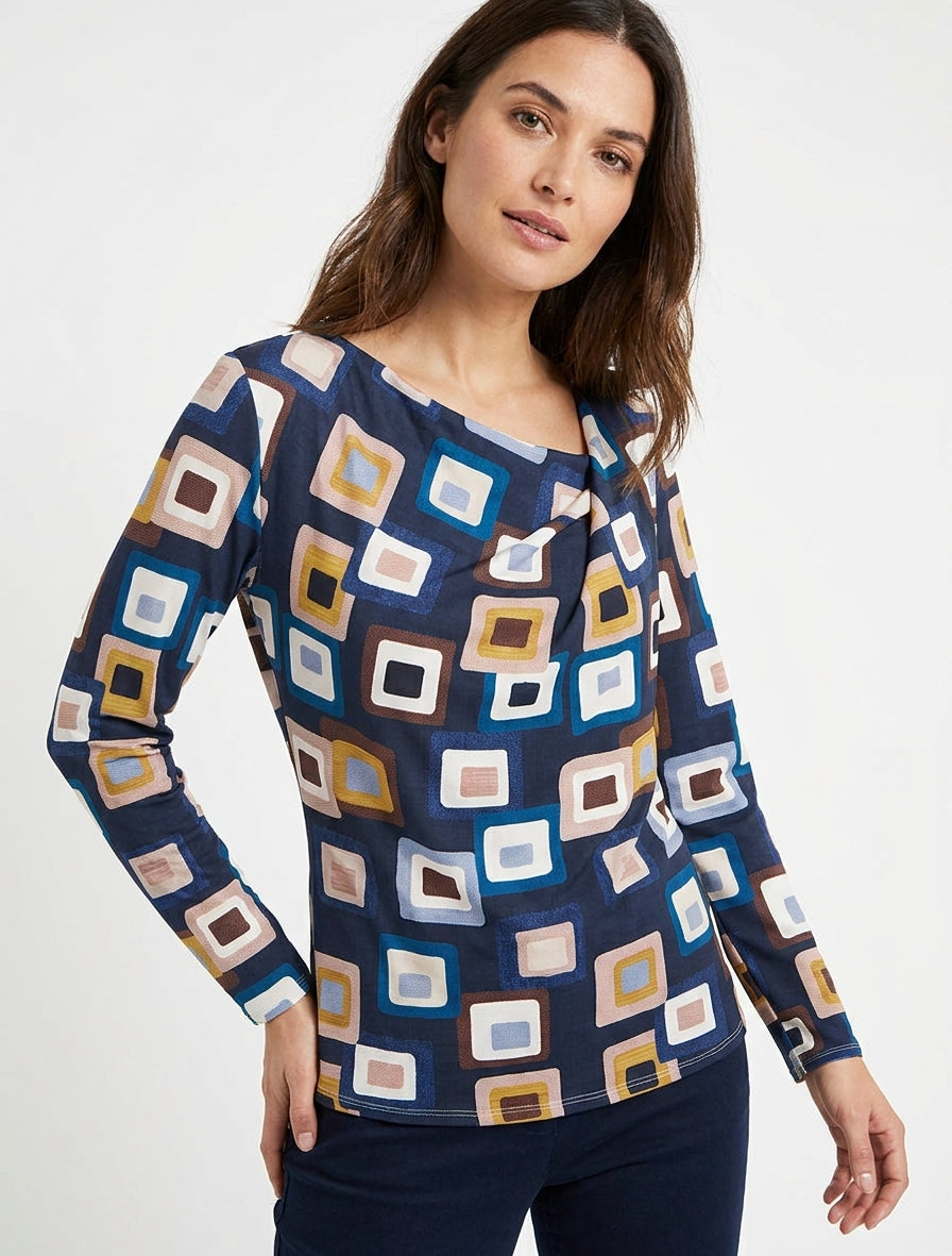 Retro-Print-Top mit Wasserfallausschnitt - Marine
