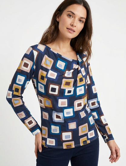 Retro-Print-Top mit Wasserfallausschnitt - Marine