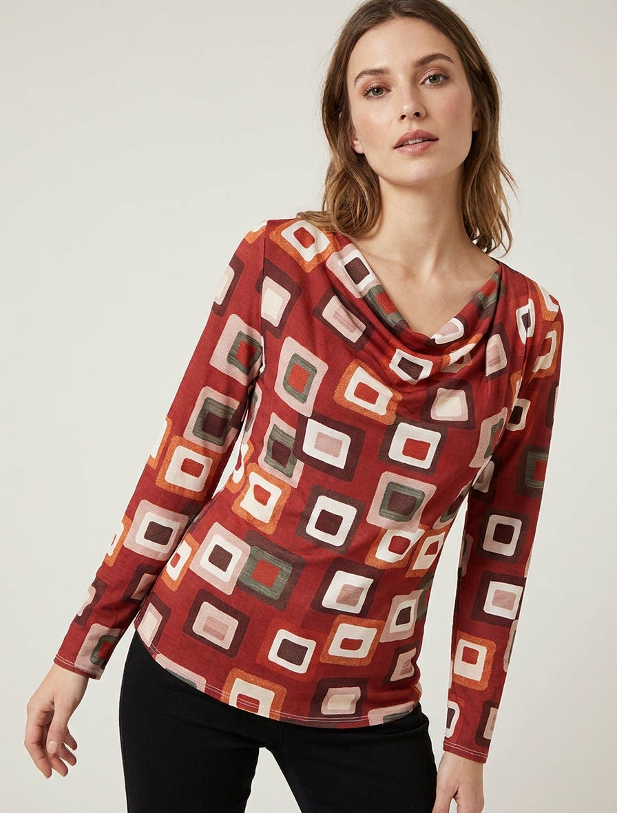 Retro-Print-Top mit Wasserfallausschnitt - Rot