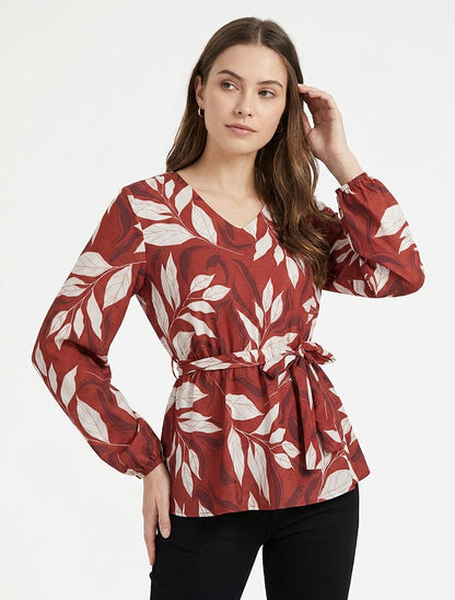Elastische Bluse mit Blattdruck - Rot