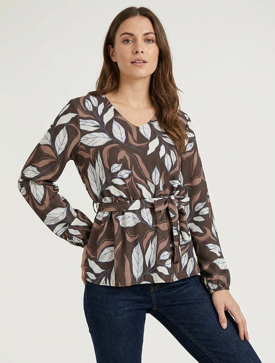 Elastische Bluse mit Blattdruck - Braun