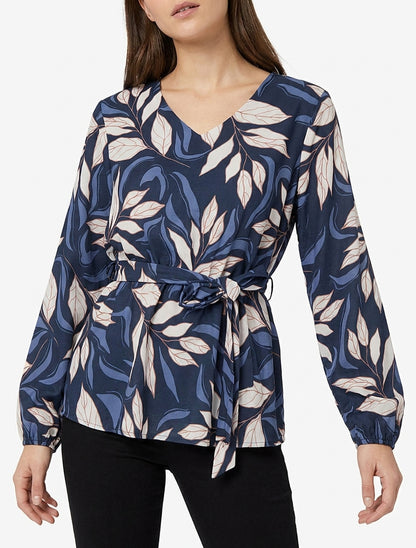 Elastische Bluse mit Blattdruck - Marine