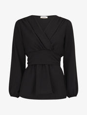 Blouse élastiquée à col V - Noir - 1