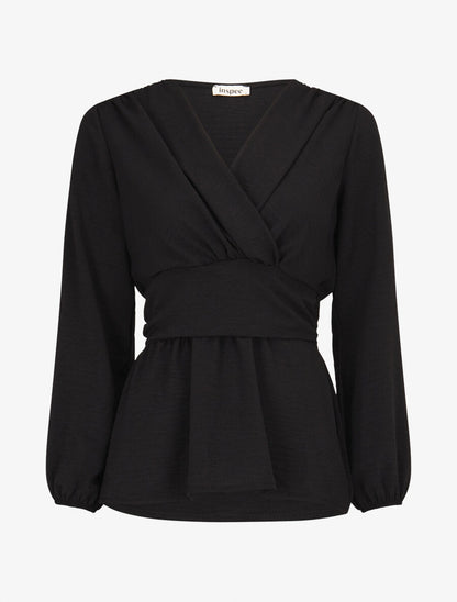 Blouse élastiquée à col V - Noir - 1