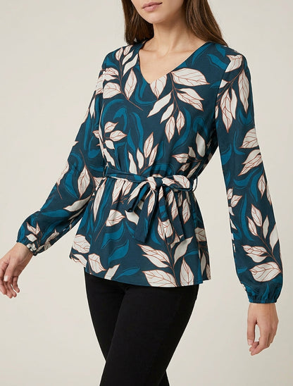 Elastische Bluse mit Blattdruck - Entenblau