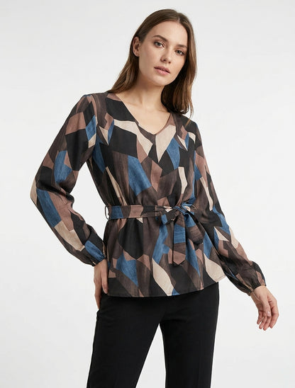 Bluse mit abstraktem Print im Peplum-Stil - Braun