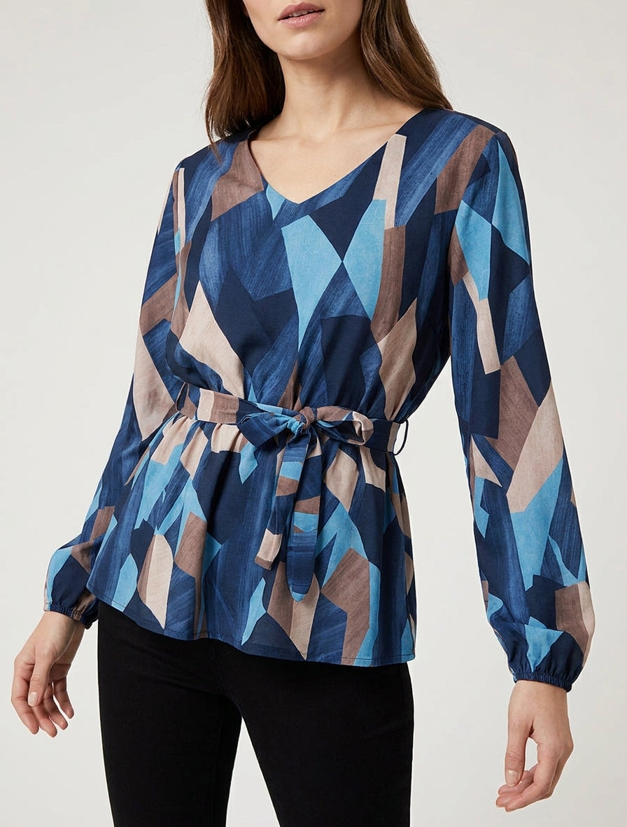 Bluse mit abstraktem Print im Peplum-Stil - Marine