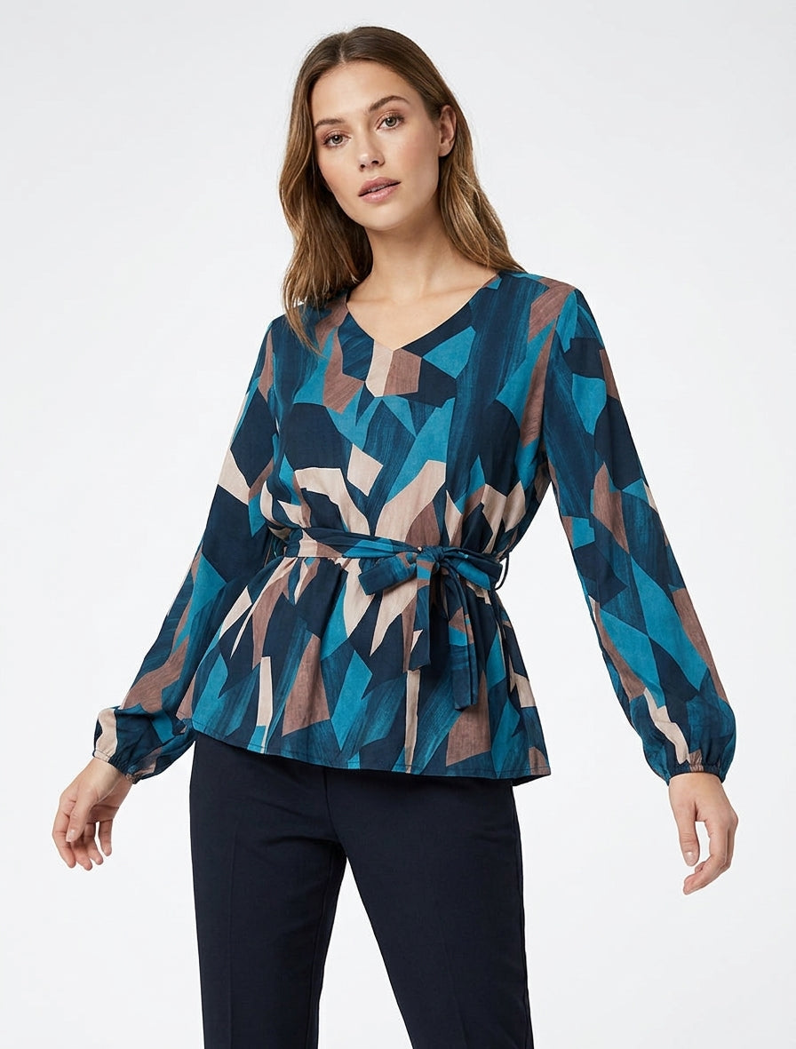 Bluse mit abstraktem Print im Peplum-Stil - Entenblau