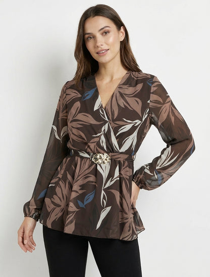 Bedrucktes Wickeloberteil mit Blatt- und Blumenschmuckmotiv - Braun