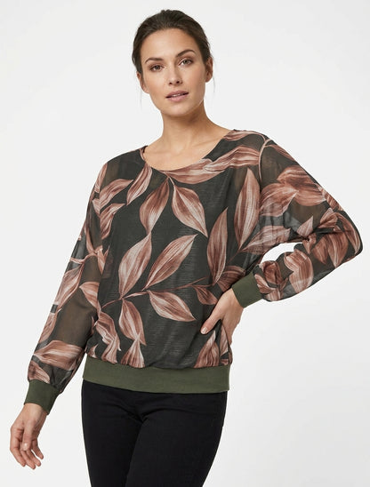 Bluse mit Blattmuster und schimmerndem Detail - Dunkles Khaki