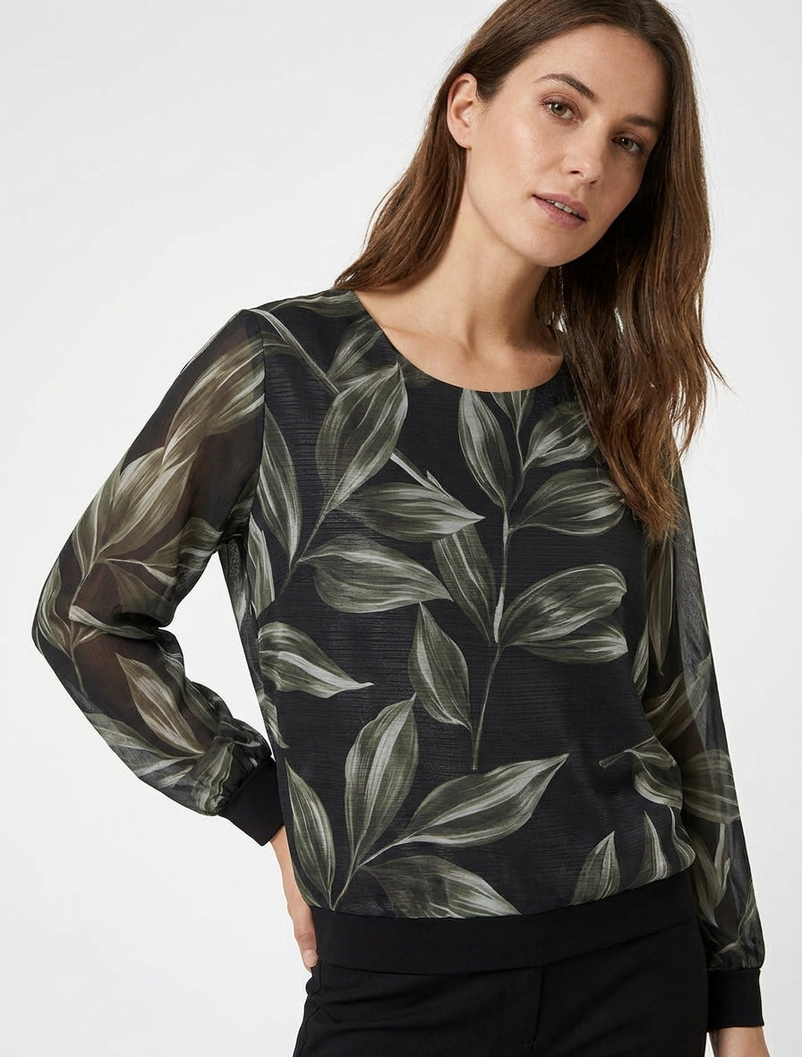 Bluse mit Blattmuster und schimmerndem Detail - Schwarz