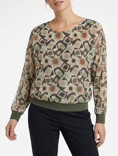 Retro bedruckte Bluse mit schimmerndem Detail - Kaki