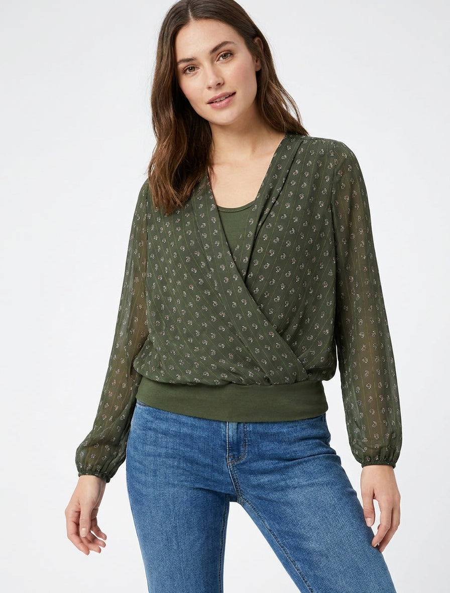 Wickeloberteil mit Paisley-Print und V-Ausschnitt - Kaki