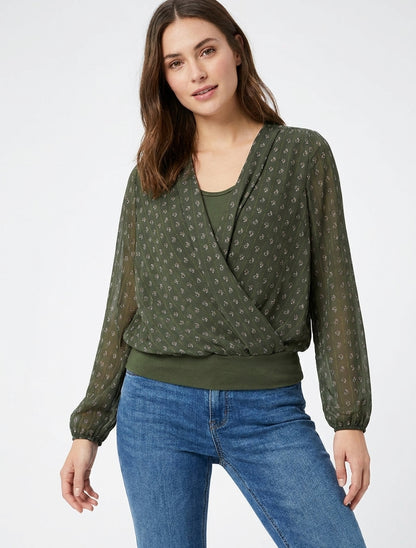 Wickeloberteil mit Paisley-Print und V-Ausschnitt - Kaki