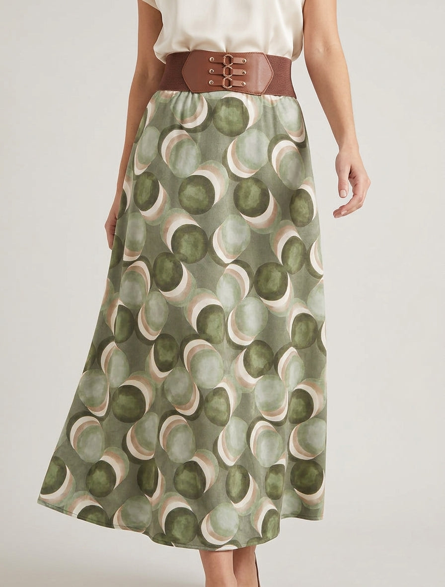Langer Rock aus Wildlederimitat mit fantasievollem Runddruck - Olivgrün