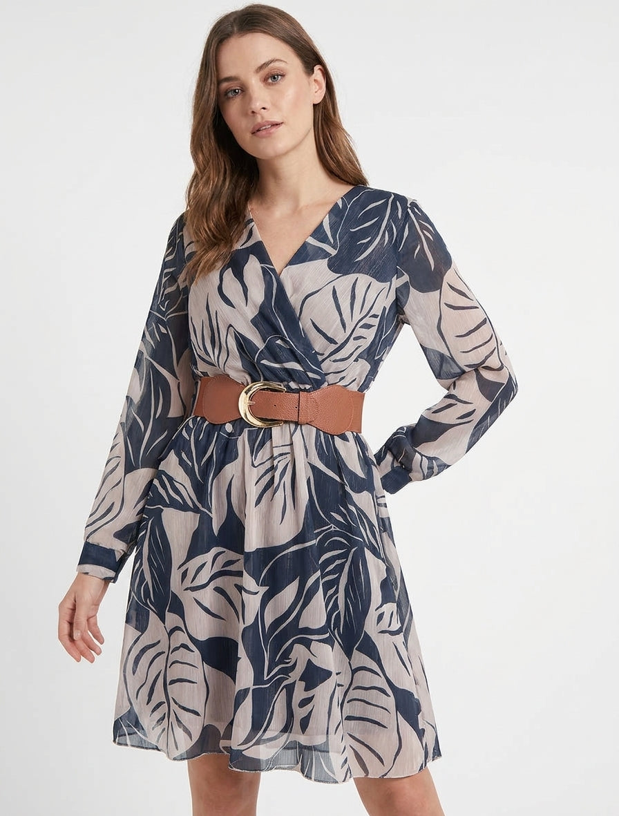 Irisierendes Kleid mit großem Blätterdruck - Marine