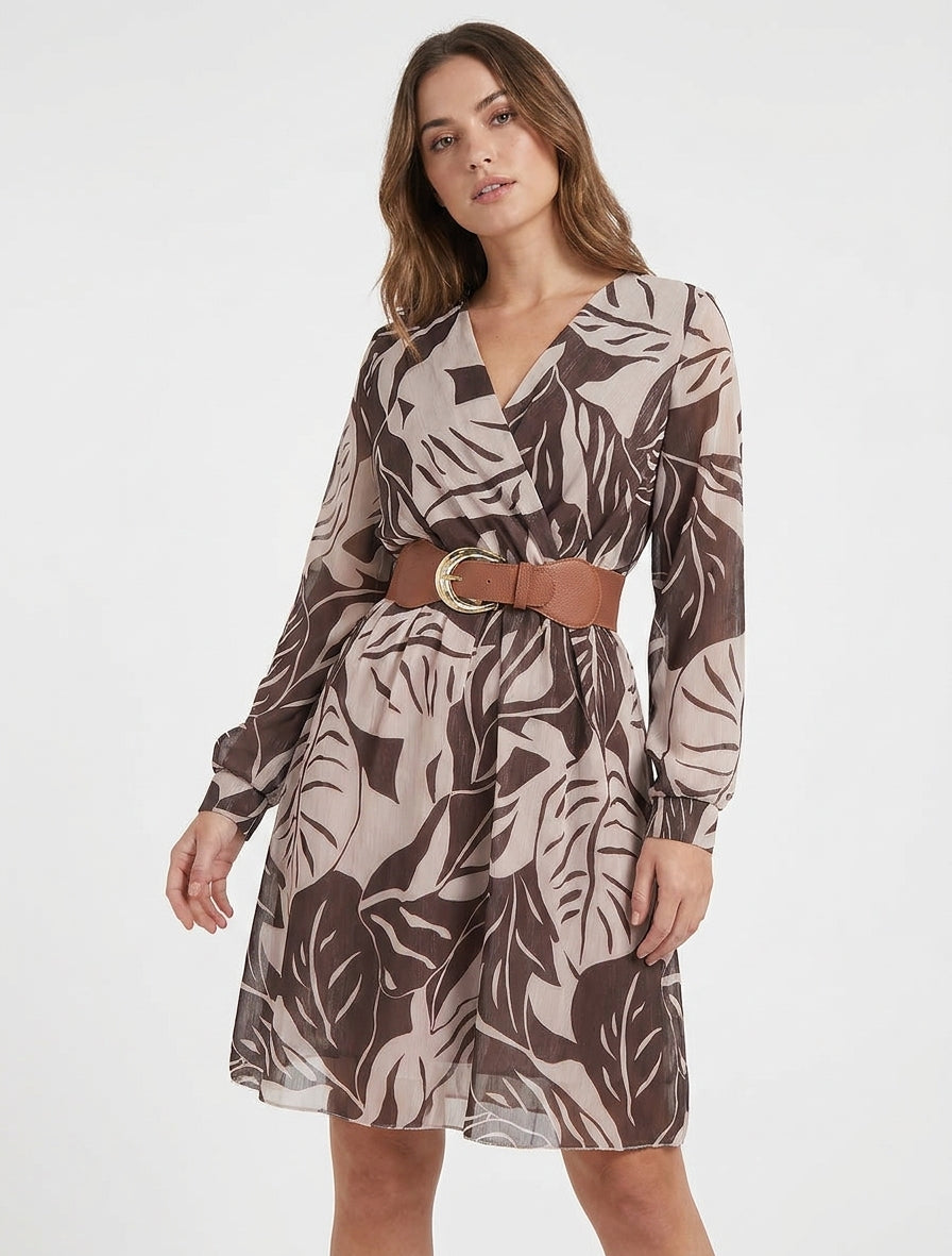 Irisierendes Kleid mit großem Blätterdruck - Braun