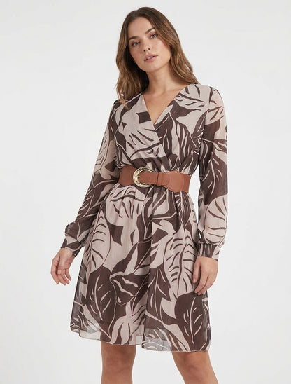 Irisierendes Kleid mit großem Blätterdruck - Braun