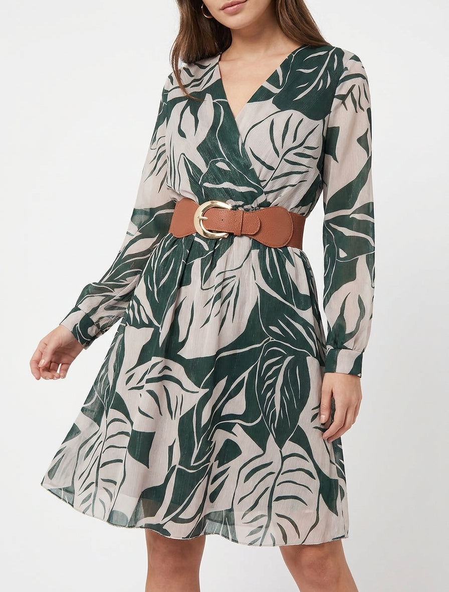 Irisierendes Kleid mit großem Blätterdruck - Dunkelgrün