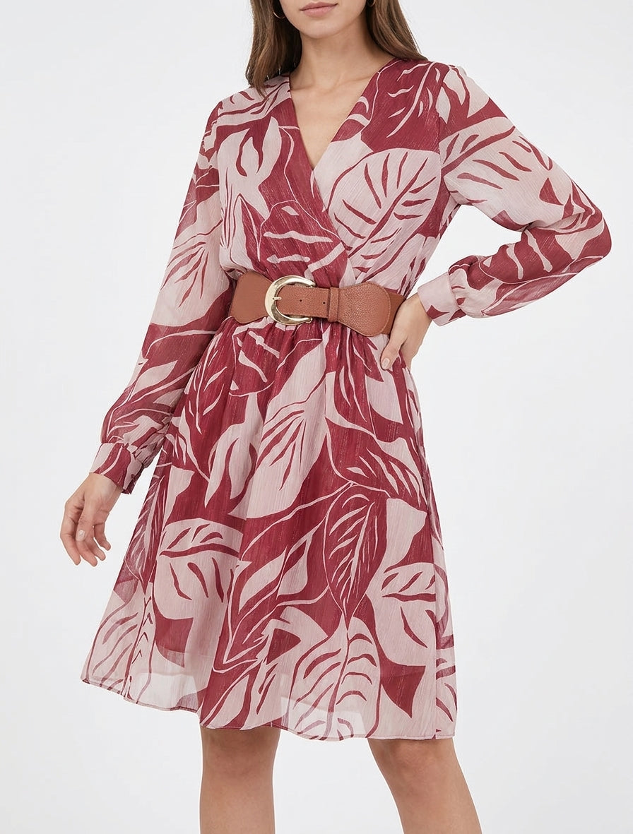 Irisierendes Kleid mit großem Blätterdruck - Bordeaux