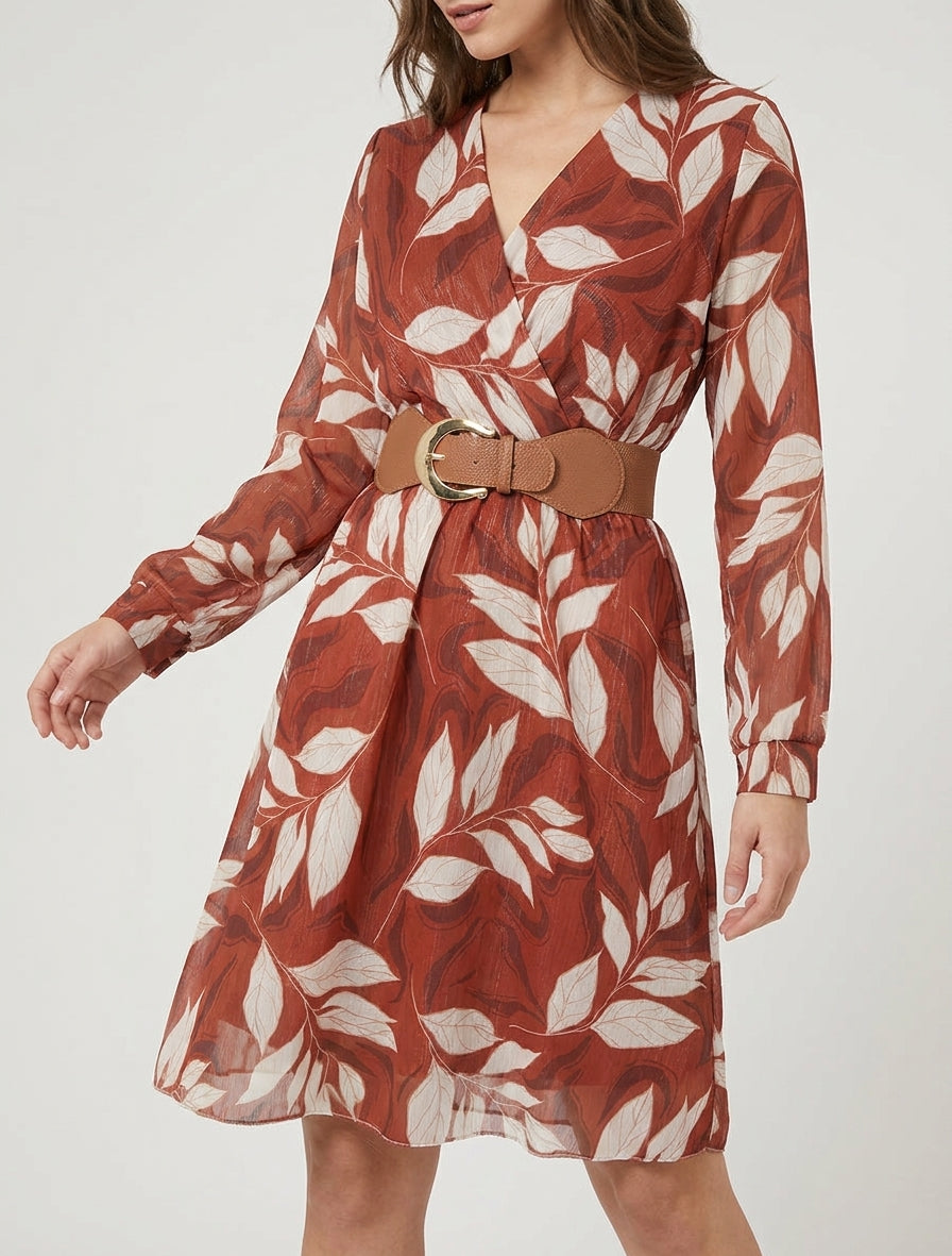 Irisierendes Kleid mit Blattdruck - Rost