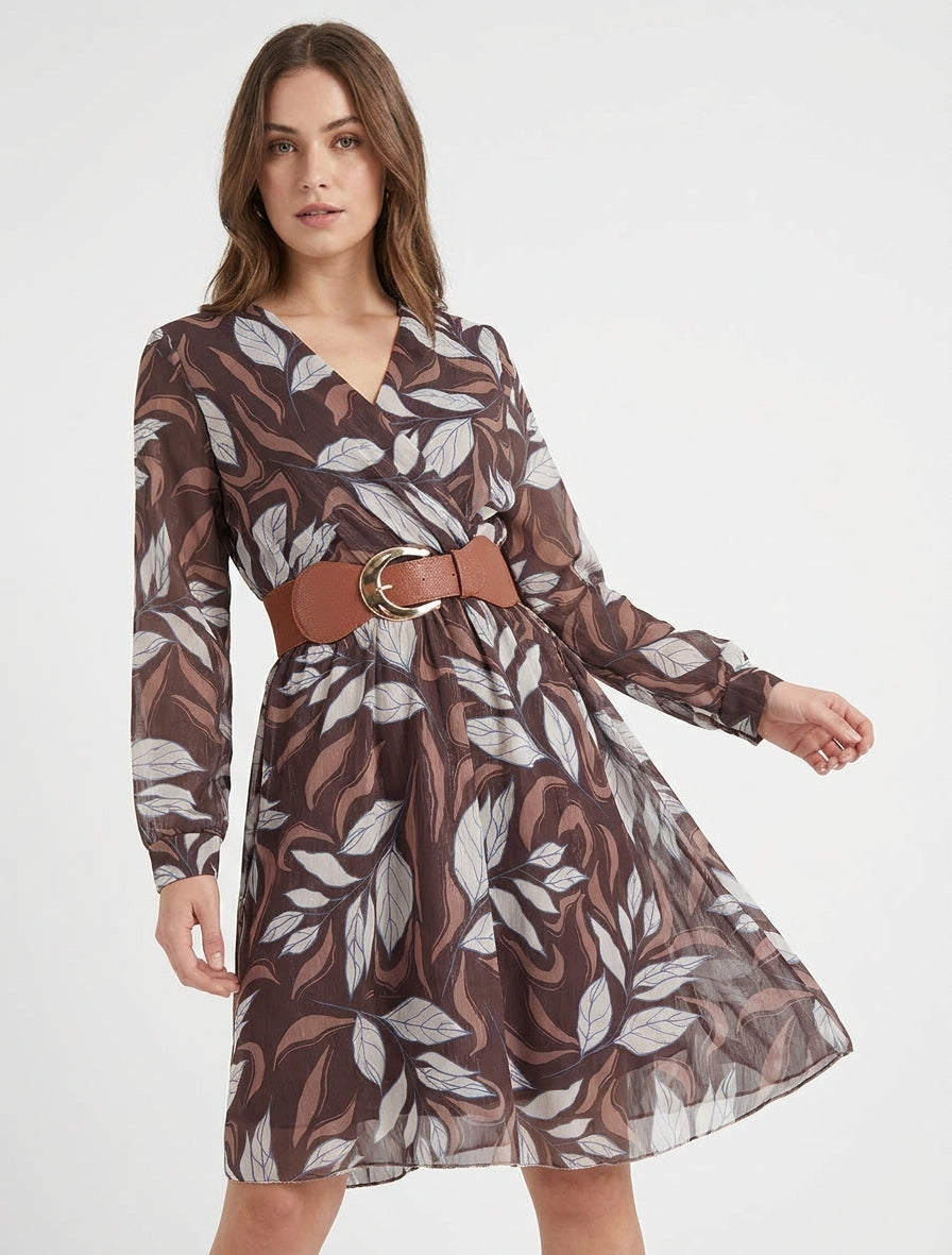 Irisierendes Kleid mit Blattdruck - Braun