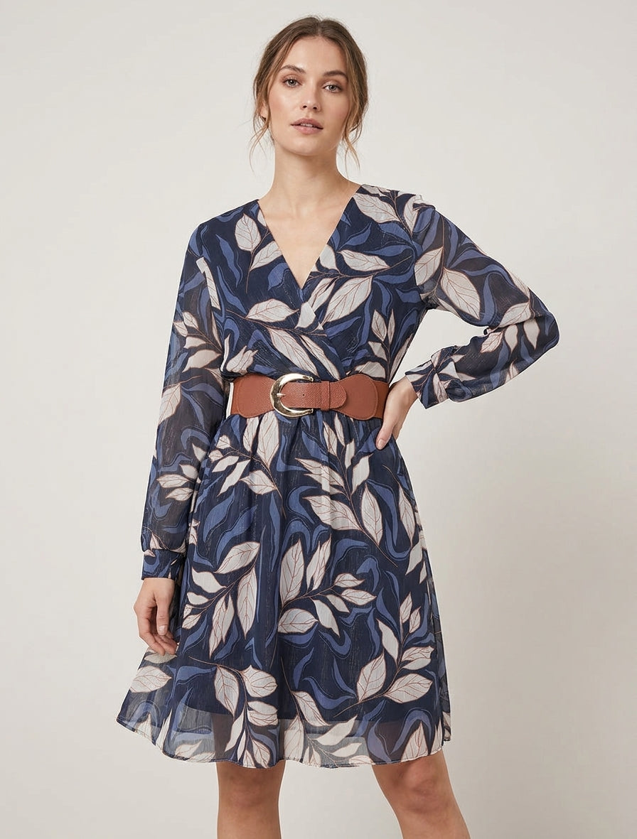 Irisierendes Kleid mit Blattdruck - Marine