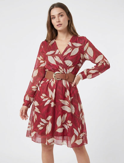 Irisierendes Kleid mit Blattdruck - Bordeaux