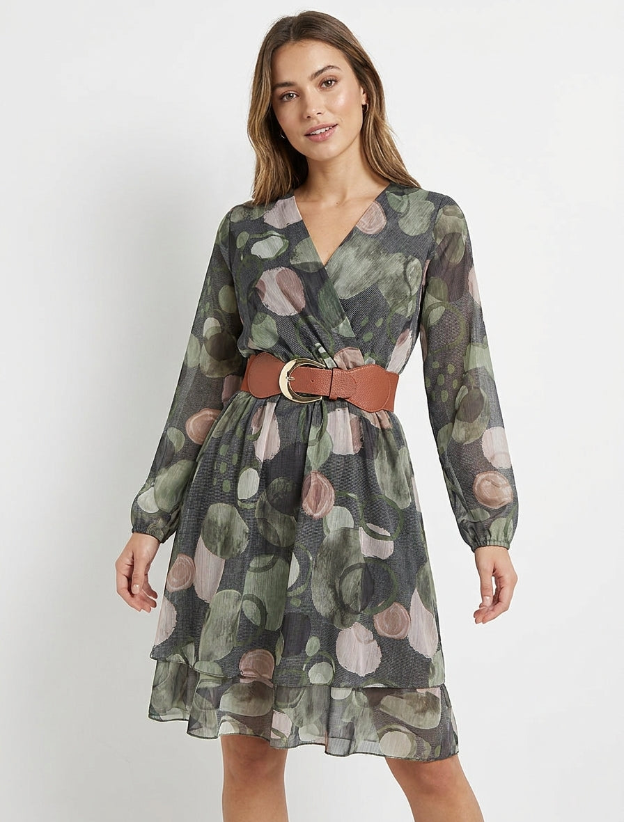 Kleid mit abstraktem Druck und Wickelausschnitt - Kaki